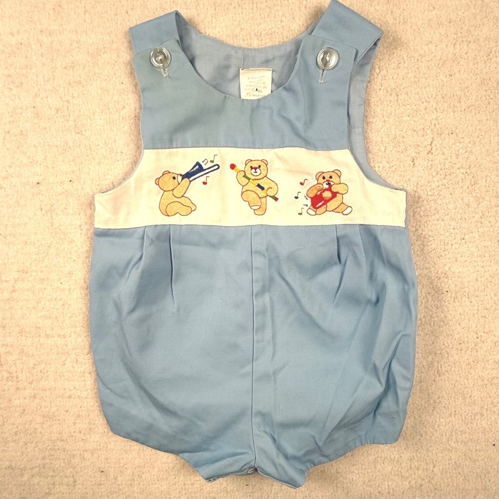 Vintage Baby Boy Blue Bubble Romper Teddy Bear Musician Embroidery 3-6 Months